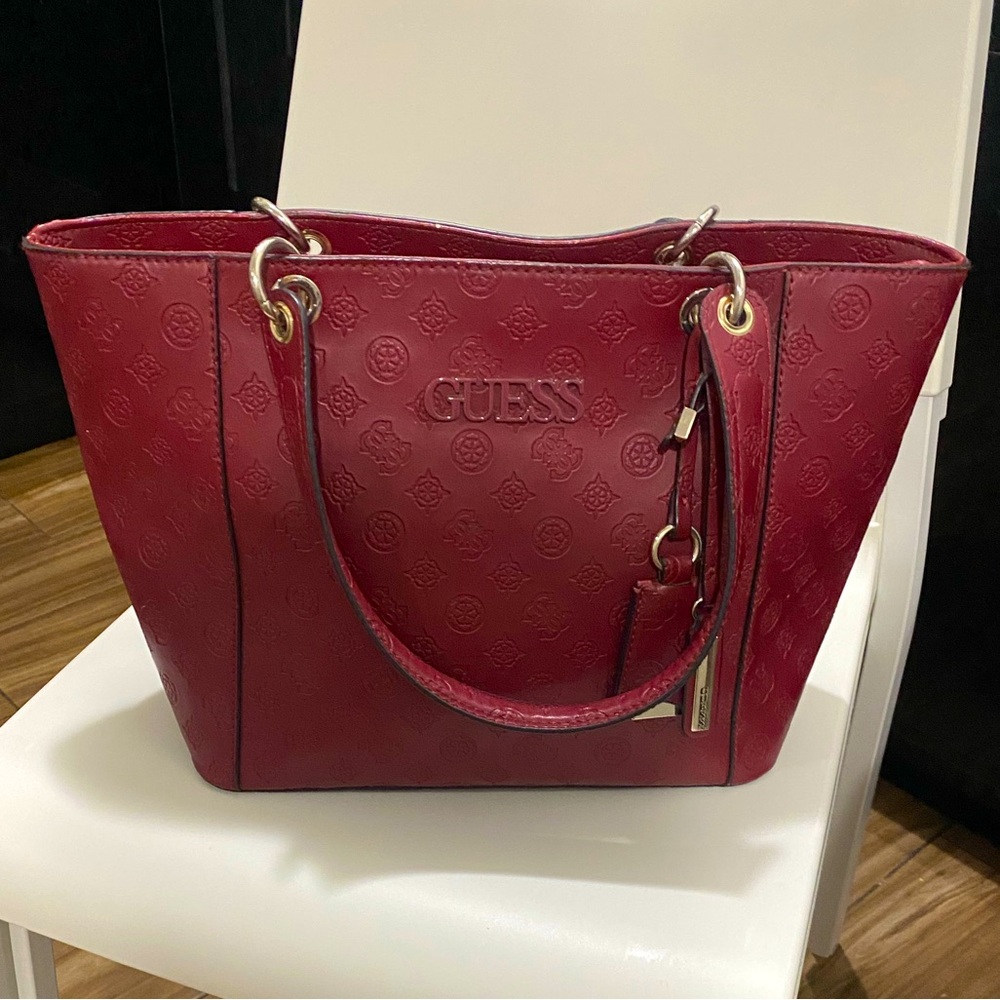 GUESS Kamryn Peony Debossed Logo Tote Bag Red